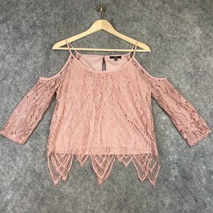 MM My Michelle Top S Cold Shoulder Asymmetric Floral Lace Solid Pink Dressy